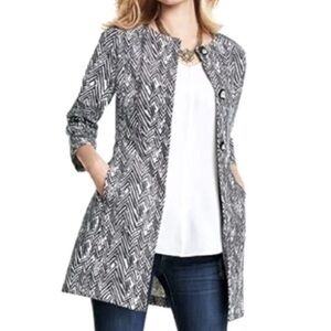 Cabi Peacoat Jacket Sz XS Zig Zag Ponte Knit style #3034 Zebra EUC Artsy Buttons